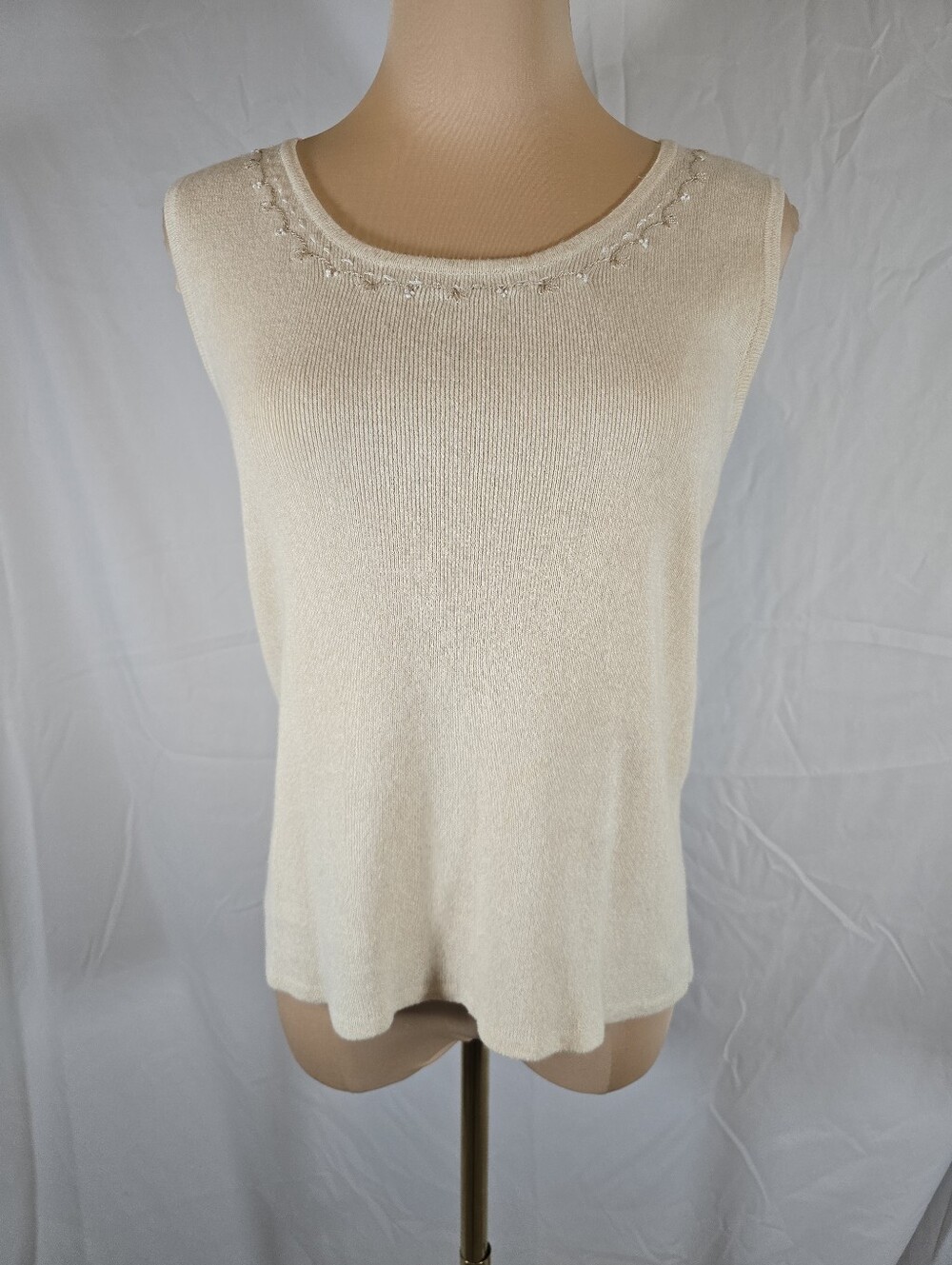Cream Sleeveless Knit Tank Top with Embroidered Neckline